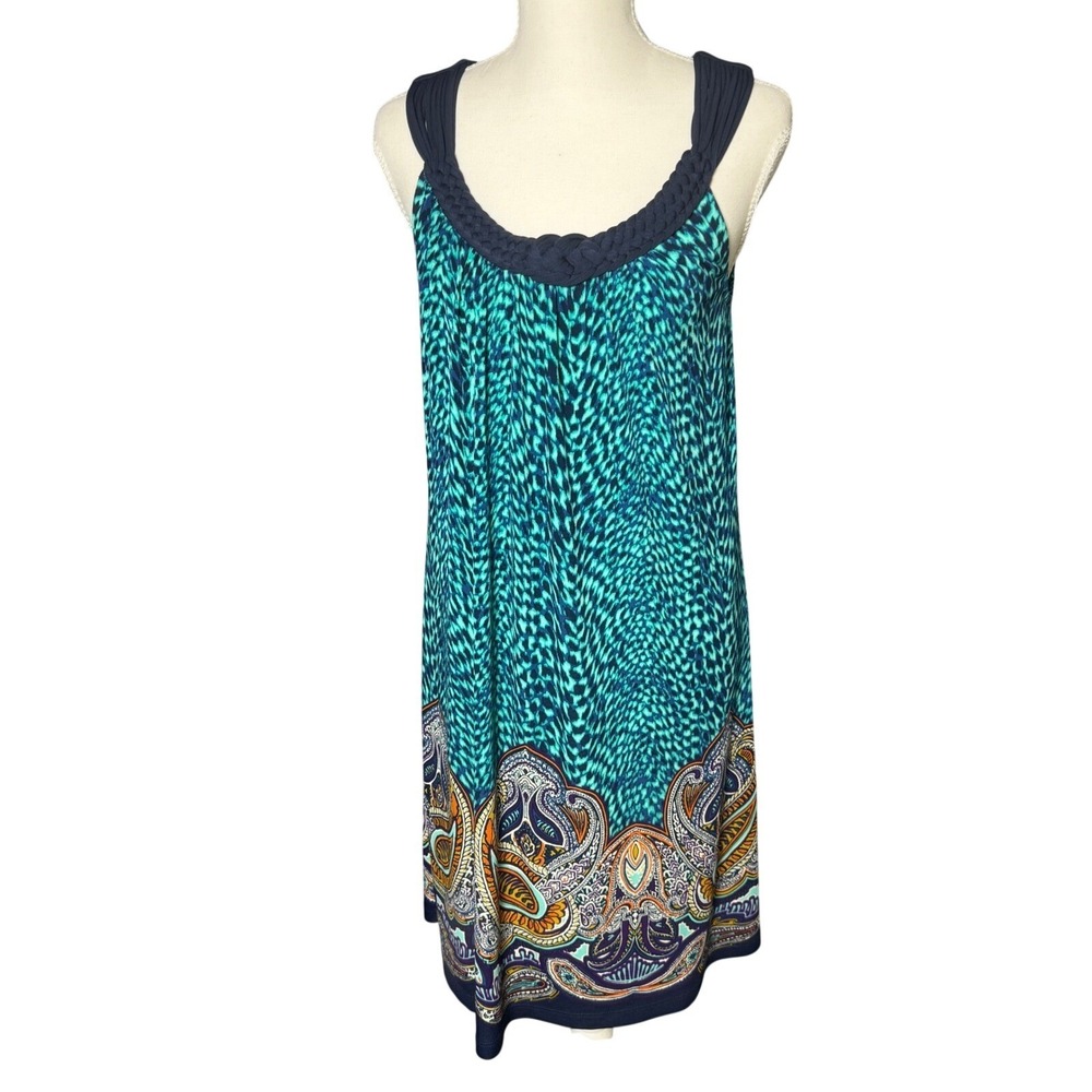 Apt. 9 Medium Teal Navy Animal Print Paisley Braided Neckline Summer Shift Dress